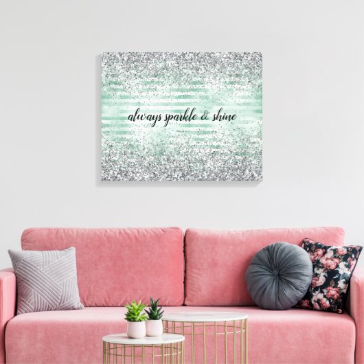 Mint Stripes Glam Glitz Silver Glitzer Leinwanddruck (Insitu (Wohnzimmer))