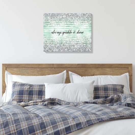 Mint Stripes Glam Glitz Silver Glitzer Leinwanddruck (Insitu (Schlafzimmer))