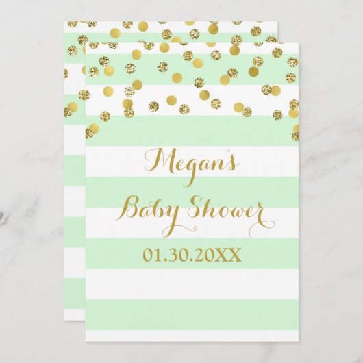 Mint Stripes Gold Confetti Kinderdusche Einladung (Vorne/Hinten)