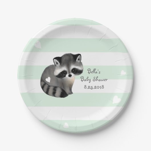 Mint Stripes Heart Raccoon Party Papierplatte Pappteller (Vorderseite)