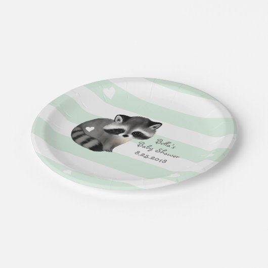 Mint Stripes Heart Raccoon Party Papierplatte Pappteller (Schrägansicht)