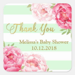 Mint Stripes Pink Blumendusche Danke Quadratischer Aufkleber