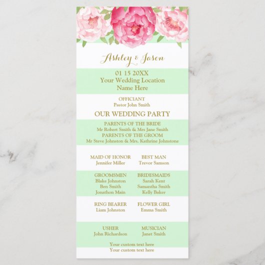 Mint Stripes Pink Watercolor Hochzeitsprogramm Programm (Rückseite)