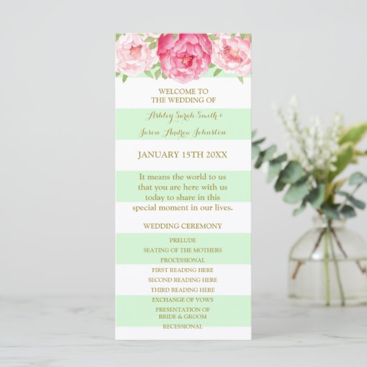 Mint Stripes Pink Watercolor Hochzeitsprogramm Programm (Stehend Vorderseite)