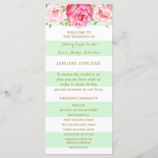 Mint Stripes Pink Watercolor Hochzeitsprogramm Programm (Vorderseite)