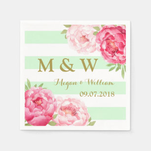Mint Stripes Pink Watercolor Wedding Monogram Serviette