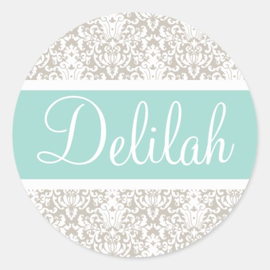 Mint Tan White Damask Custom Runder Aufkleber (Vorderseite)