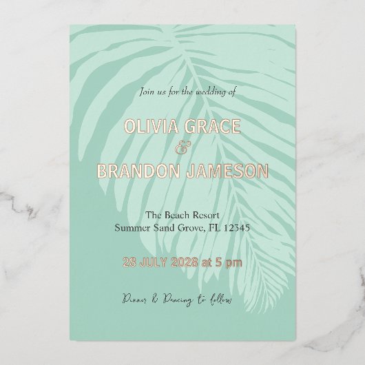 Mint Tropical Palm Leaf Hochzeit Folieneinladung (Vorderseite)