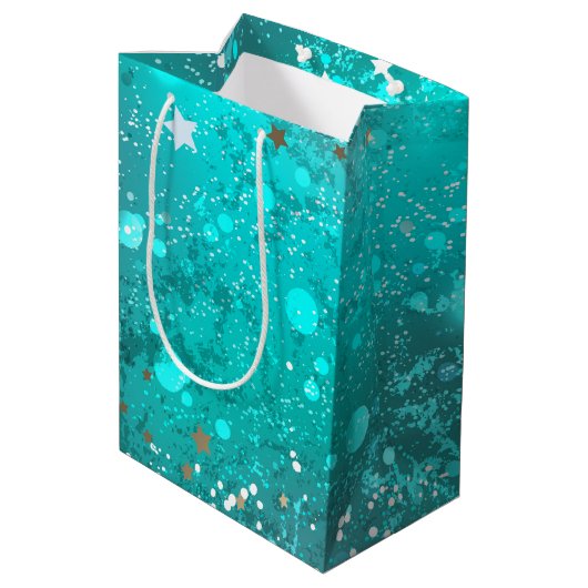 Mint Turquoise Foil Hintergrund Mittlere Geschenktüte (Rückseite Schrägansicht)