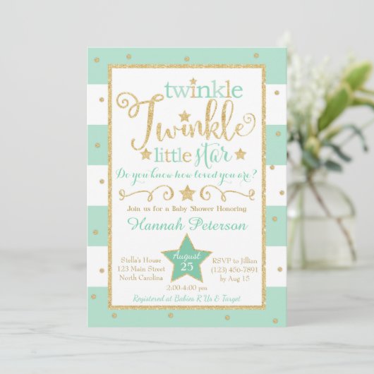 Mint Twinkle Little Star Baby Dusche Einladung (Stehend Vorderseite)