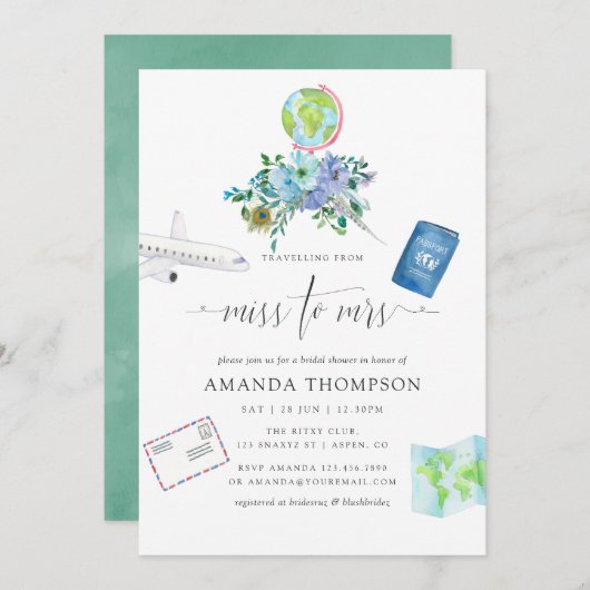 Mint und Blue Boho Miss zu Mrs. Brautparty Einladung (Vorne/Hinten)