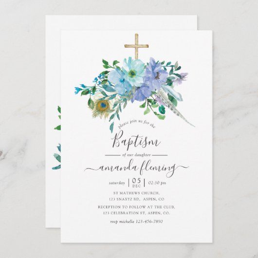 Mint und Blue Watercolor Boho Blütentaufe Einladung (Vorne/Hinten)