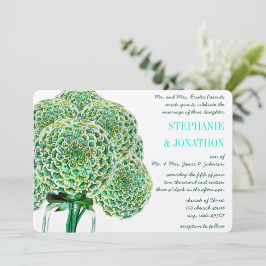 Mint und Emerald Zinnia Mason Jar Wedding Einladun Einladung (Stehend Vorderseite)