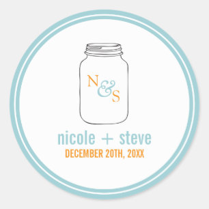 Mint und Mandarine Mason Jar Mit Monogramm Hochzei Runder Aufkleber