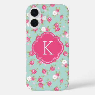 Mint und Rosa Schick Vintage Blumenprint Monogramm iPhone 16 Hülle