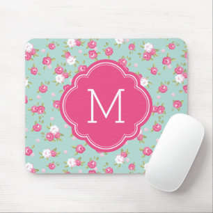 Mint- und Rosa-schickes Vintage-Blumenprint Monogr Mousepad