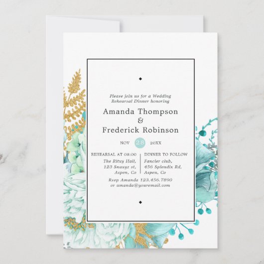 Mint Watercolor Blues Hochzeitsessen Probe Einladung (Vorderseite)