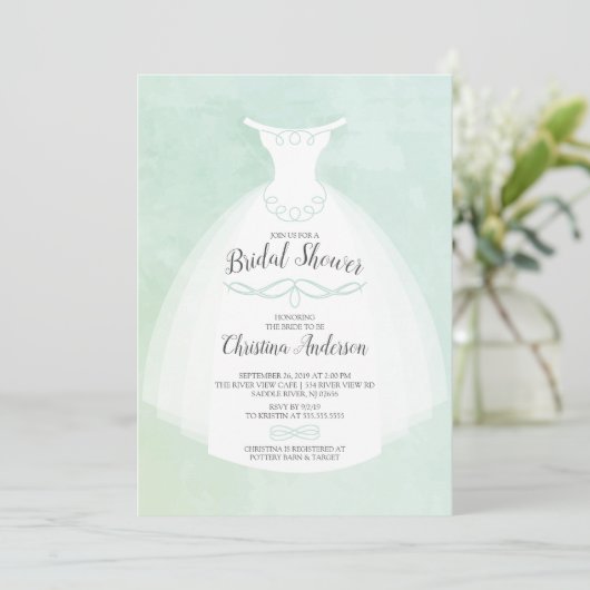 Mint Watercolor Bridge Gown Brautparty Einladung (Stehend Vorderseite)