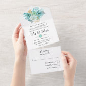 Mint Watercolor Floral Wedding All In One Einladung (Abreißen)