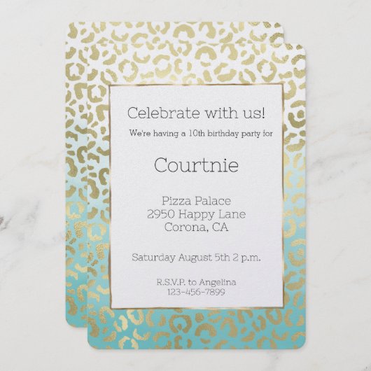 Mint Watercolor Glam Gold Leopard Einladung (Vorne/Hinten)