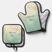 Mint Watercolor Ombre Glam Gold Leopard Ofenhandschuh & Topflappen-Set (Vorderseite/Rückseite)