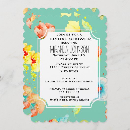 Mint Watercolor Poppies Brautparty Einladung (Vorne/Hinten)