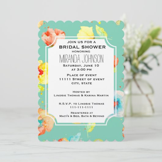 Mint Watercolor Poppies Brautparty Einladung (Stehend Vorderseite)