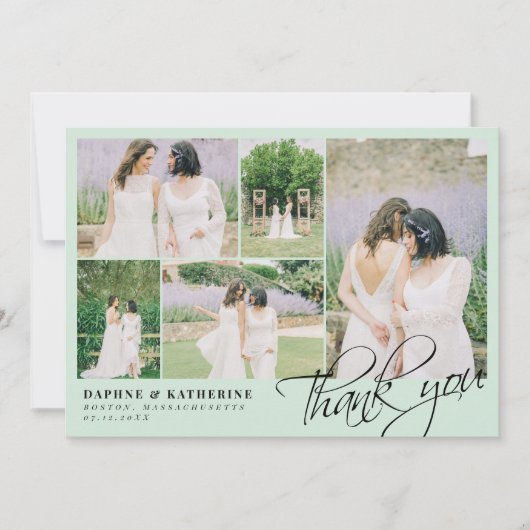 Mint Wedding Foto Collage Script Vielen Dank Dankeskarte (Vorderseite)