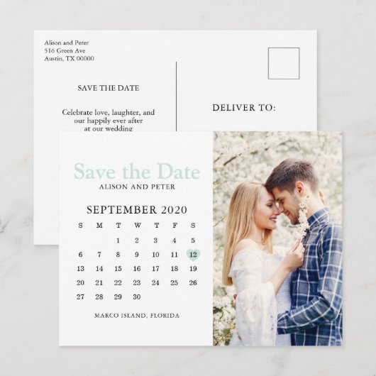 Mint Wedding Save the Date Calendar Foto Ankündigungspostkarte (Vorne/Hinten)