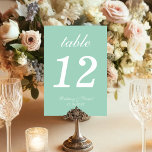 Mint Wedding White Script Calligraphy Simple Green Tischnummer<br><div class="desc">Eine einfache Tischnummer für eine kleine grüne Hochzeitsfarbe. Es ist nur weißer Text auf einem minzgrünen Hintergrund. Alles außer der Zahl selbst ist in einem eleganten kalligrafischen Skript geschrieben.</div>