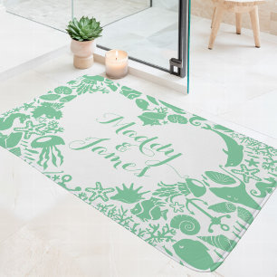 Mint & Weiß Meereslebewesen Paare Herz Monogramm Badematte