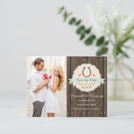 Mint Western Horseshoe Save the Date Postkarte (Stehend Vorderseite)