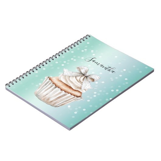 Mint White Bokeh Dots Bow Cupcake   Notizblock (Linke Seite)