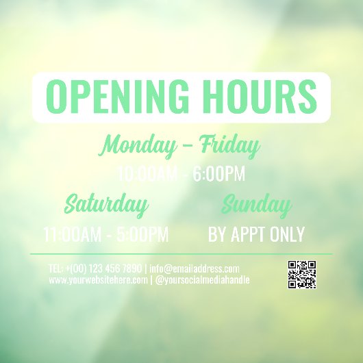 Mint & White Retro Script QR Code Öffnungszeiten Fensteraufkleber (Blatt 3)