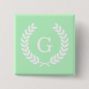 Mint White Wheat Laurel Wreath Initial Monogram Button