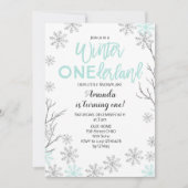 Mint Winter ONEderland Schnee Geburtstag Einladung (Vorderseite)