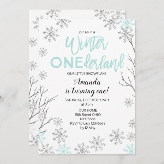 Mint Winter ONEderland Schnee Geburtstag Einladung (Vorne/Hinten)