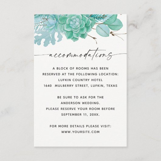 Mint Winter Succulents Hochzeitsunterkünfte Begleitkarte (Vorderseite)