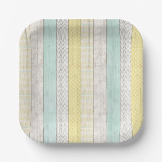 Mint & Yellow Boho Geometric Muster Rustikales Hol Pappteller (Vorderseite)
