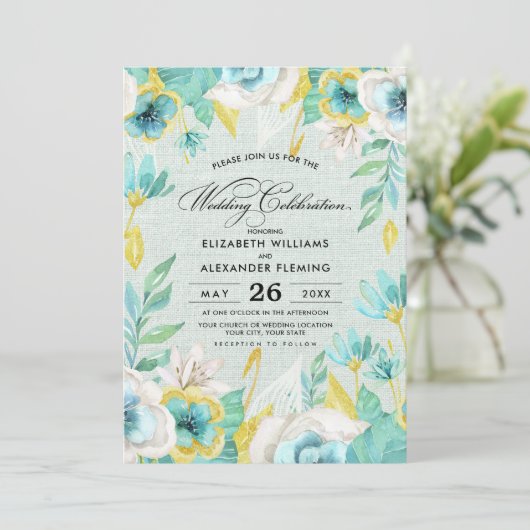 Mint Yellow Floral Burlap Wedding Einladung (Stehend Vorderseite)