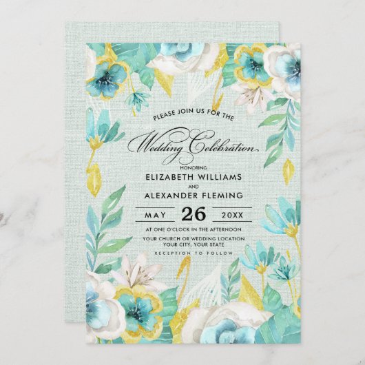 Mint Yellow Floral Burlap Wedding Einladung (Vorne/Hinten)