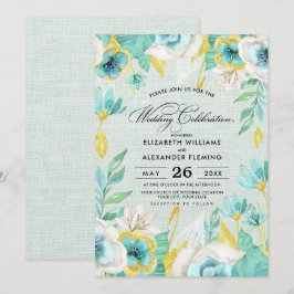 Mint Yellow Floral Burlap Wedding Einladung