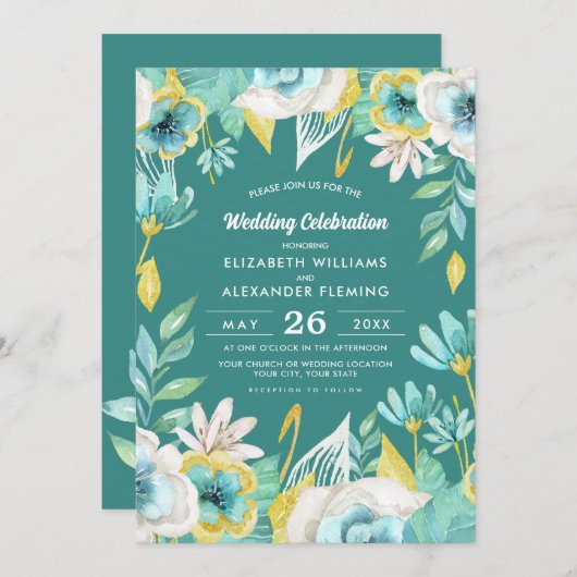 Mint Yellow Floral Watercolor Hochzeit Einladung (Vorne/Hinten)