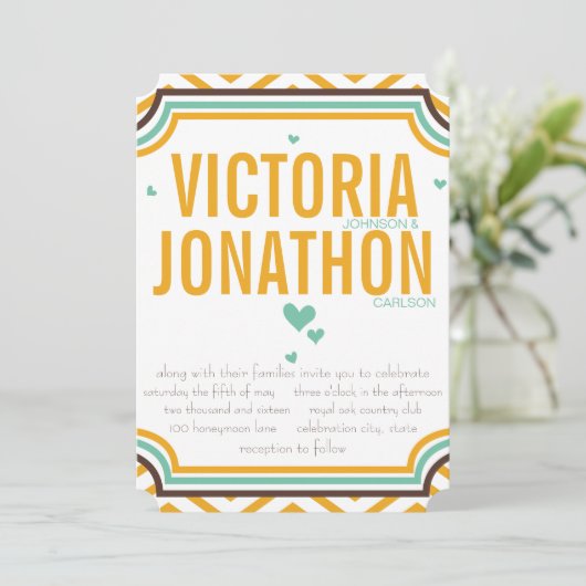 Mint Yellow Modern Zig Zag Typografy Wedding Einladung (Stehend Vorderseite)