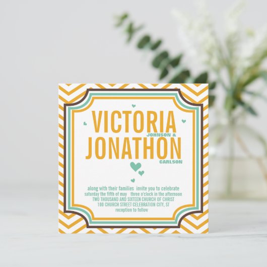 Mint Yellow Modern Zig Zag Typografy Wedding Einladung (Stehend Vorderseite)