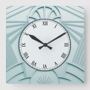 Mintblaue Art Deco-Uhr - Stylische abstrakte Linie Quadratische Wanduhr