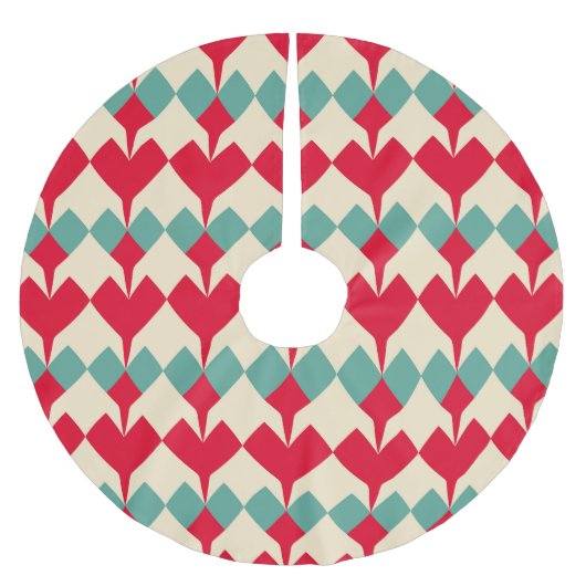 Mintblaue, rote Herzen Kachel Muster. Polyester Weihnachtsbaumdecke (Vorderseite)