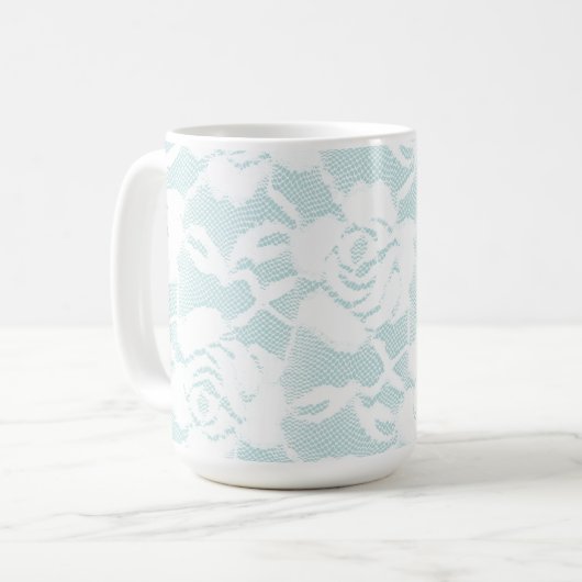 Mintblaue weiße Spitzenrosen floral Kaffeetasse (Vorderseite Links)