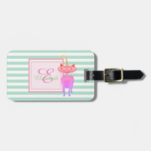 Mintgrün gestreiftes Monogramm, Katze - Personalis Gepäckanhänger