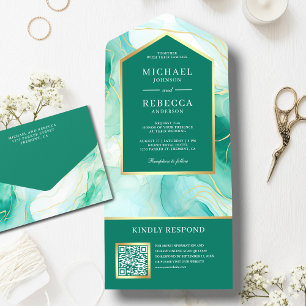 Mintgrün Gold Abstrakt Flüssige Tinte QR-Code Hoch All In One Einladung